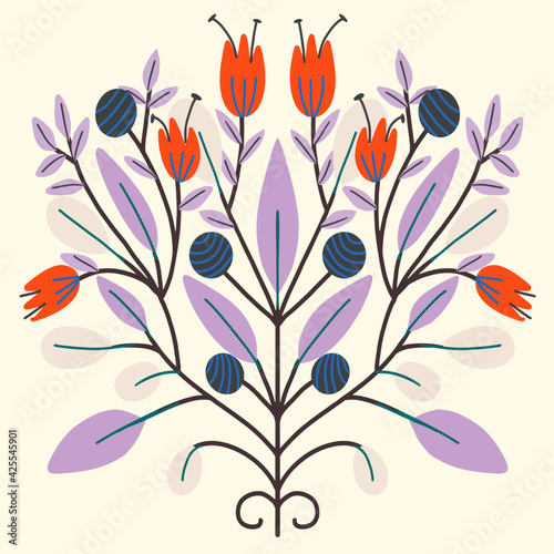 Folk art Scandinavian symmetric design. Retro floral folk art pattern