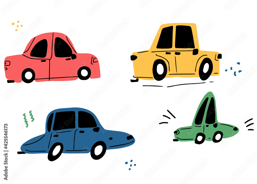 Naklejka premium Cool retro cars drawn by hand in the style of doodle. Illustration for children. Cute cartoon cars vector collection isolated on white