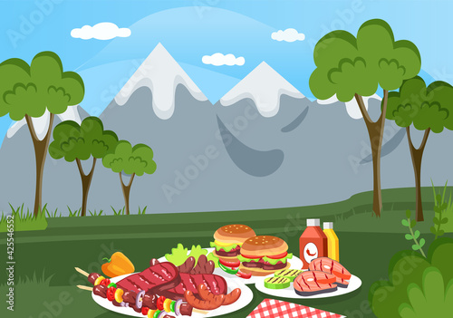 Summer picnic in nature. Product prepared for outdoor dining. Food for eating and barbecue in forest