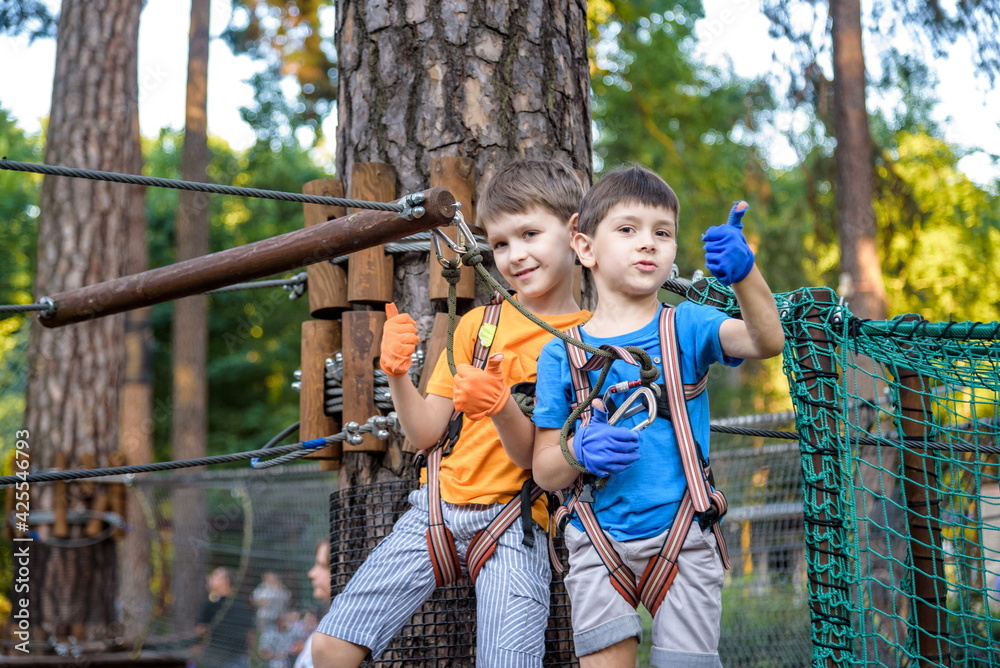 Two cute happy young children, boy and his brother in protective harness, carbine and safety helmets on rope way on bright sunny day on green foliage bokeh background.
