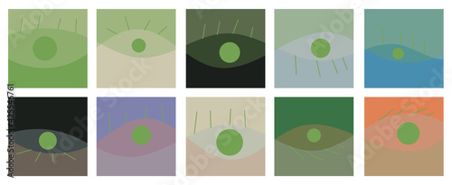Background in the style of impressionism with minimalism, drawing abstract eyes. Set of flat cartoon covers for splash and design.