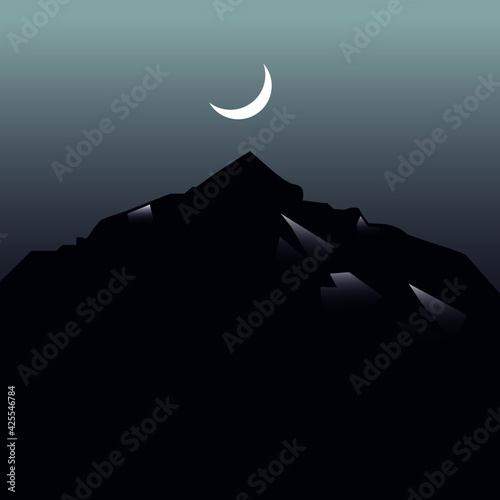 Nighttime mountain, moon, moonlight feel in wild.