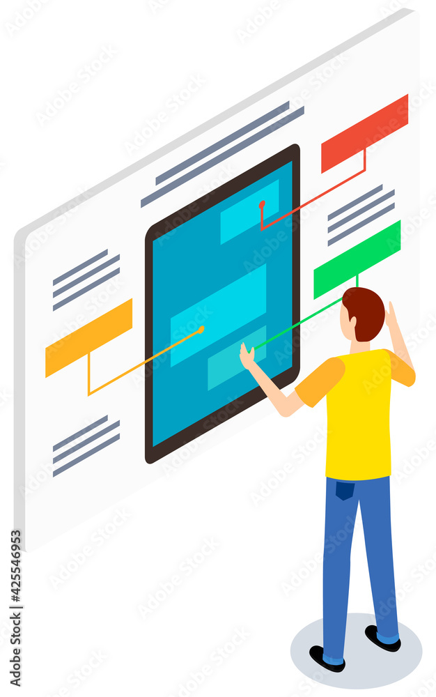 Programmer creating structure of information blocks in application screen. Man examines poster Programmer creating structure of information blocks in application screen. Man examines poster