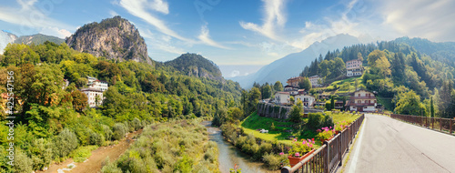 Beluno, Italy August 7, 2018: Perarollo di Cadore mountain village. Houses on the mountains.