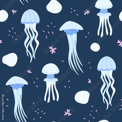 Seamless marine pattern with various deep sea jellyfish. Great for fabric, textile. Vector Illustration