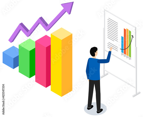 Man studies statistics shown on bar chart. Analyze diagrams concept. Guy working with data © robu_s