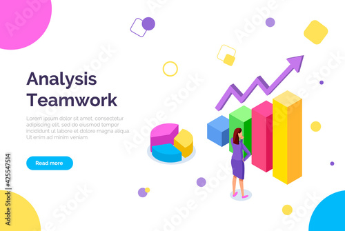 Web site on topic of teamwork analysis. Girl while working with statistical graph and data