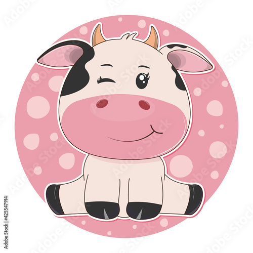 Cute cartoon cow isolated on a pink background.