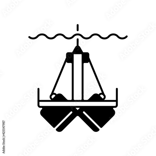 Sediment sampling black linear icon. Clam shell type scoop setup. Extract samples up to 20 centimeters deep within sampling area. Outline symbol on white space. Vector isolated illustration