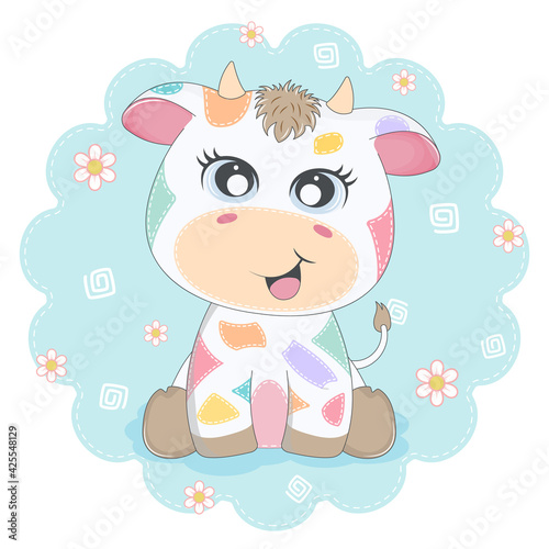 Cute cartoon colored cow smiling. Greeting card.