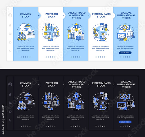 Assets types onboarding vector template. Responsive mobile website with icons. Web page walkthrough 5 step screens. Preferred, industrial stocks night and day mode concept with linear illustrations