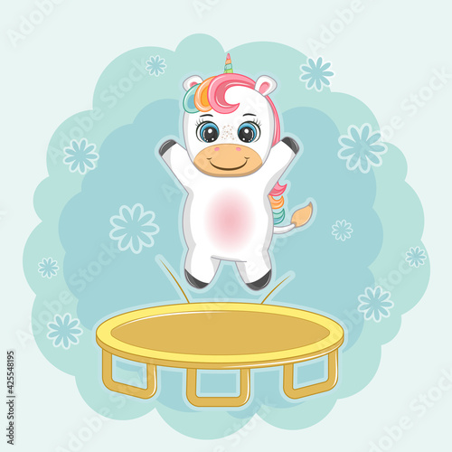 Cute happy cartoon unicorn jumping trampoline. Greeting card.
