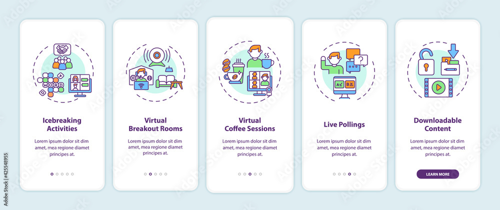 Virtual events success tips onboarding mobile app page screen with concepts. Activities, pollings walkthrough 5 steps graphic instructions. UI, UX, GUI vector template with linear color illustrations