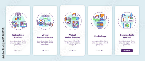 Virtual events success tips onboarding mobile app page screen with concepts. Activities, pollings walkthrough 5 steps graphic instructions. UI, UX, GUI vector template with linear color illustrations