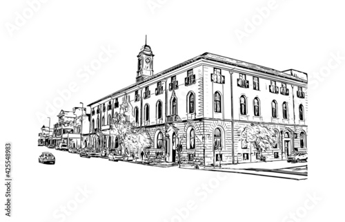 Building view with landmark of East London is the 
city in South Africa. Hand drawn sketch illustration in vector.