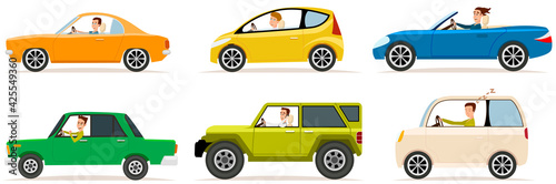 Set of modes of transport and shapes. Cartoon characters in transport isolated on white background