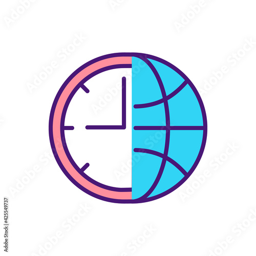 Time zones worldwide RGB color icon. International clock. Time differences, manipulation. Synchronization hours. Daylight saving rules. Worldwide system. Automatic sync. Isolated vector illustration