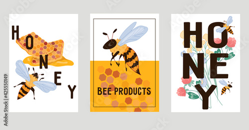 Honey and natural bee products banners or cards set, flat vector illustration. Honey producing, beekeeping and apiary farm products labels or posters.