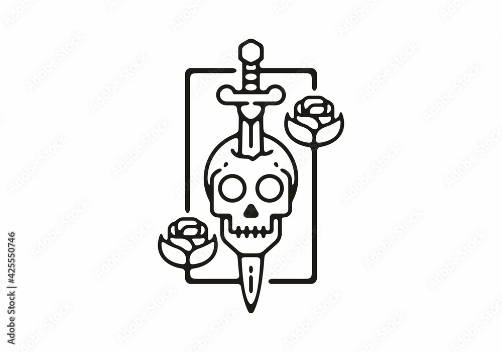 Line art illustration tattoo of skull with sword and rose Line art illustration tattoo of skull with sword and rose