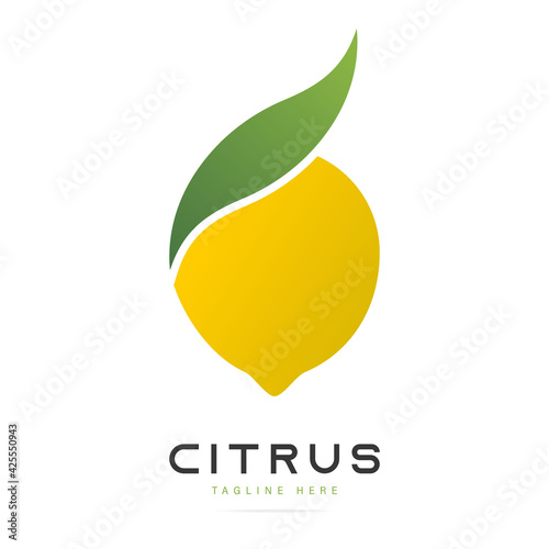 Abstract bright taste fruit citrus yellow lemon logo with green leaf sign.Design template fresh icon,juice concentrate symbol from curved lines.Print for pattern textile fabric.Vector illustration
