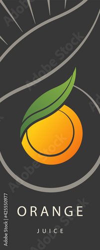 Sunny orange flavor juice packaging design template.Abstract bright taste fruit citrus orange logo with green leaf sign,fresh icon,juice concentrate symbol from curved lines.Vector illustration