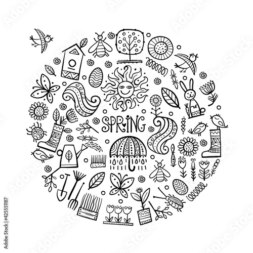 Spring time background. Gardening Frame Design. Happy Easter Art.