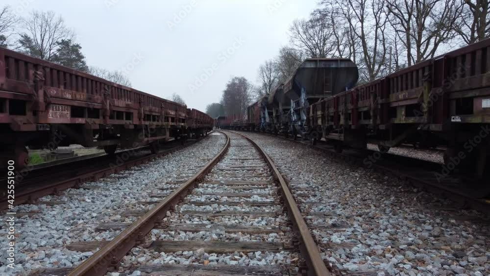 Old historical wagons on the train track in Loenen, the Netherlands, Aerial view Old historical wagons on the train track in Loenen, the Netherlands, Aerial view