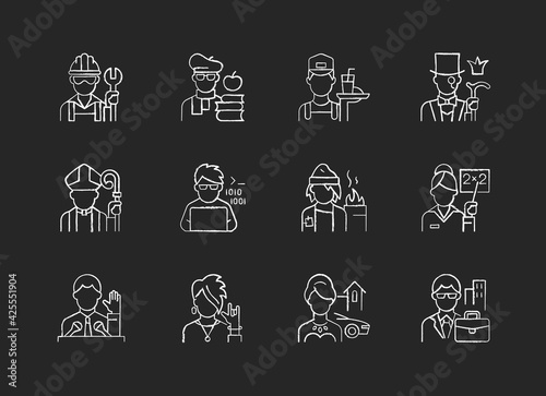 Social status chalk white icons set on black background. Lower and upper class. Political elite. Intelligentsia, aristocratic group. Computer expert. Isolated vector chalkboard illustrations