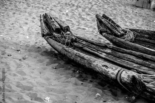 Canvas Print Twin Wooden Raft Boat At Kovalam Beach, ECR Chennai, Tamilnadu, South India - Be