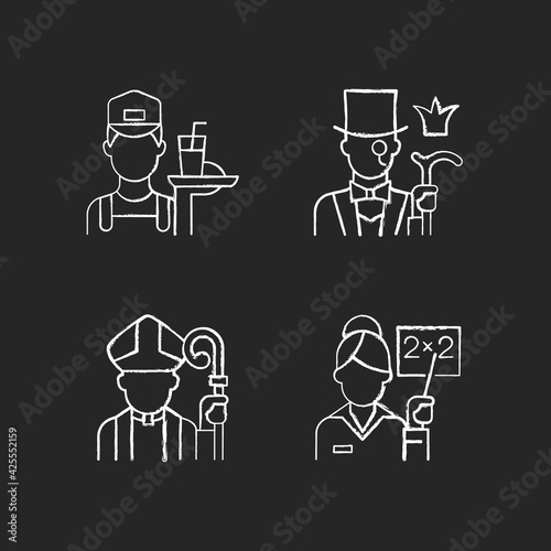 Social class type chalk white icons set on black background. Working poor. Aristocratic elite. Clergy, pink collar. Society classification. Isolated vector chalkboard illustrations