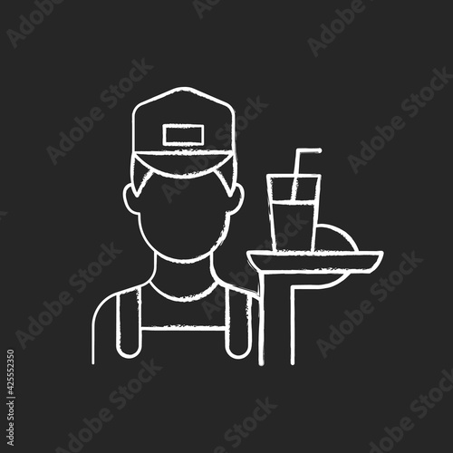 Working poor chalk white icon on black background. Waiter holding platter with fast food. Underpaid worker. Part time job. Serving class. Social group. Isolated vector chalkboard illustration