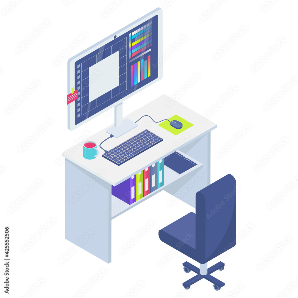 Graphic design workplace isometric concept with computer and keyboard vector illustration Graphic design workplace isometric concept with computer and keyboard vector illustration