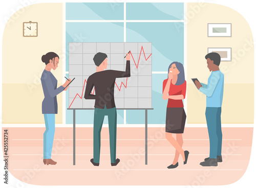 Businessman makes presentation to colleagues. Office workers characters discussing indicators