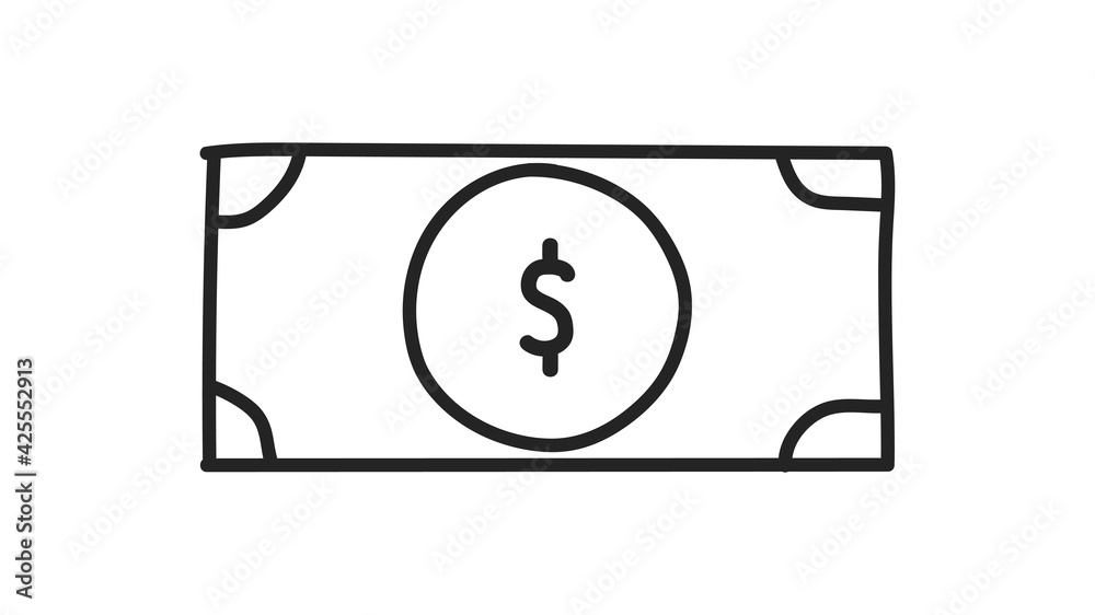 Hand drawn paper banknote isolated on white background. Banknote with filling and without. The concept of money, business, making money and so on. Vector illustration