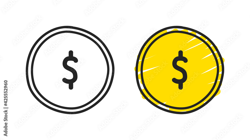 Hand-drawn coins isolated on white background. Coin with and without filling. The concept of money, business, making money and so on. Vector illustration