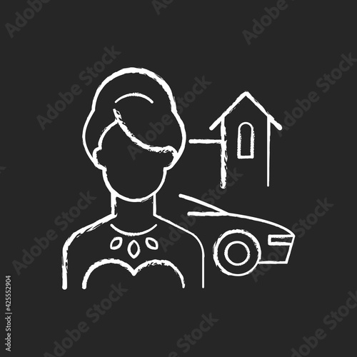 Upper class chalk white icon on black background. Woman of high status in society. Luxury lifestyle. Party for wealthy, rich person. Social type. Isolated vector chalkboard illustration