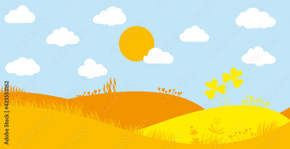 Blumenwiese Landschaft Sommer gelb mit blauem Himmel, Sonne und Wolken, vektor, flach