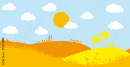 Blumenwiese Landschaft Sommer gelb mit blauem Himmel  Sonne und Wolken  vektor  flach