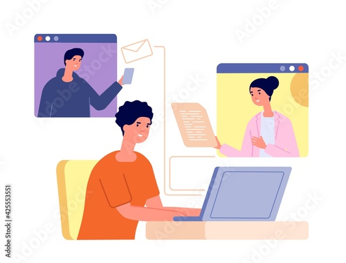 Remote teamwork together. Virtual video call, conference team meeting. People work from home, web chatting communication utter vector concept