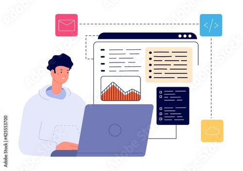 Programmer at work. Design with computer, overworked developer testing programme. Executive businessman, internet app engineering utter vector concept
