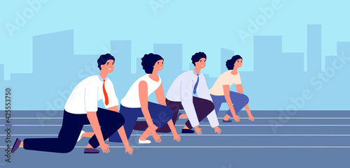 Start to business race. People ready races, flat man woman in suit started run. Running focused managers, work competition utter vector concept
