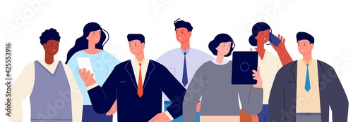 Business team portrait. People together, women corporate members. Cartoon job boy, entrepreneur or employee office group utter vector concept