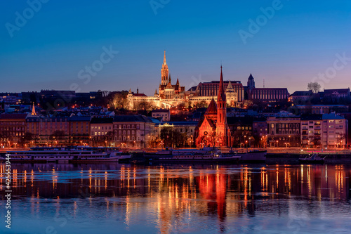 Night Budapest, Fisherman's Bastion, reflection of night lights on the water, cityscape