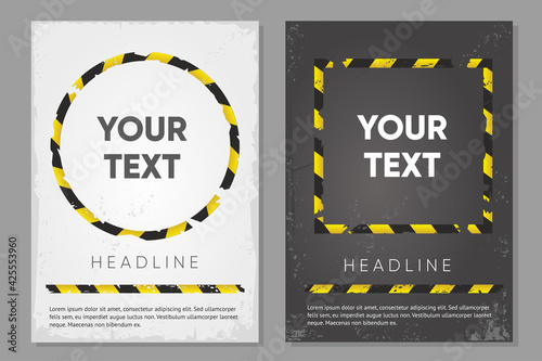 Barricade tape posters set. Duct tape background. Warning banner template. Vector design. Abstract minimal style.