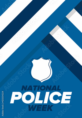 National Police Week in May. Celebrated annual in United States. In honor of the police hero. Police badge and patriotic elements. Officers Memorial Day. Poster, card, banner. Vector illustration