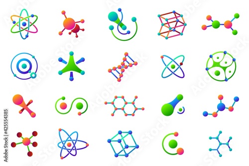 Connected molecules. Structure molecule, logo medical science. Isolated chemical symbols, technology logotype. Colorful bio recent vector icons