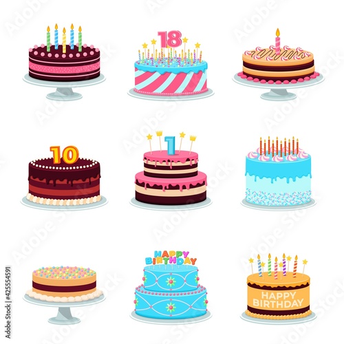 Isolated cartoon cake. Birthday cakes, decorated cute congratulations desserts. Delicious color surprise with candles, sweets recent vector set
