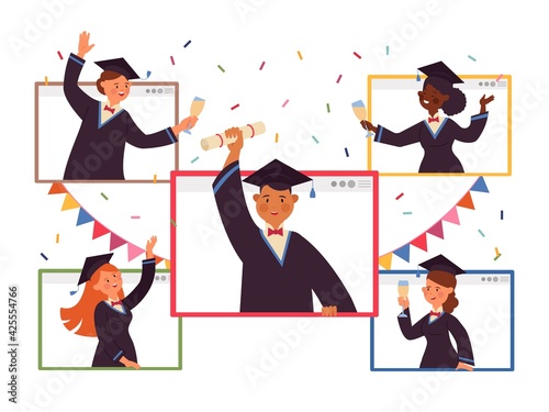 Online graduation. Virtual party, people celebration on video. Graduate students drink event, connection from home for celebrate decent vector concept