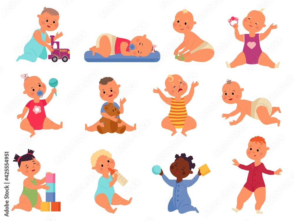 Baby play with toys. Children toy, child playing with blocks. Little kids or babies, isolated fun toddler in diaper. Cartoon infants decent vector set Baby play with toys. Children toy, child playing with blocks. Little kids or babies, isolated fun toddler in diaper. Cartoon infants decent vector set