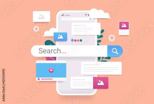 Search engine on smartphone screen - 3d vector illustration of phone with internet search and results popping out. Finding information online concept.